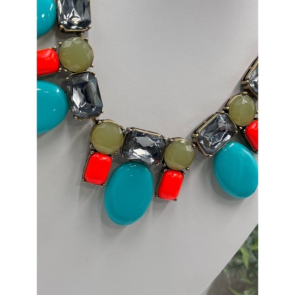 J. Crew‎ Aqua green and Coral orange stones rhinestones Necklace - Picture 3 of 10